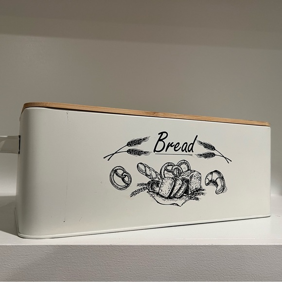 Kitchen Counter Ivory Color Tin Metal Bread Box Bin Handles Bamboo Cover 15x7x5 - Picture 7 of 9